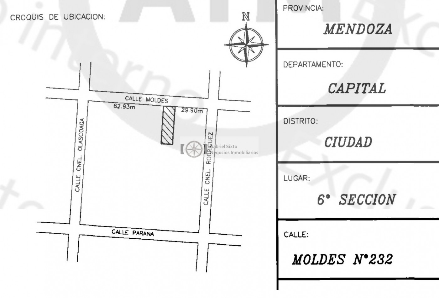 VENTA LOTE 400 M2 calle MOLDES CIUDAD (6TA SECC) 9 MTS FRENTE X 44.7 DE FONDO.